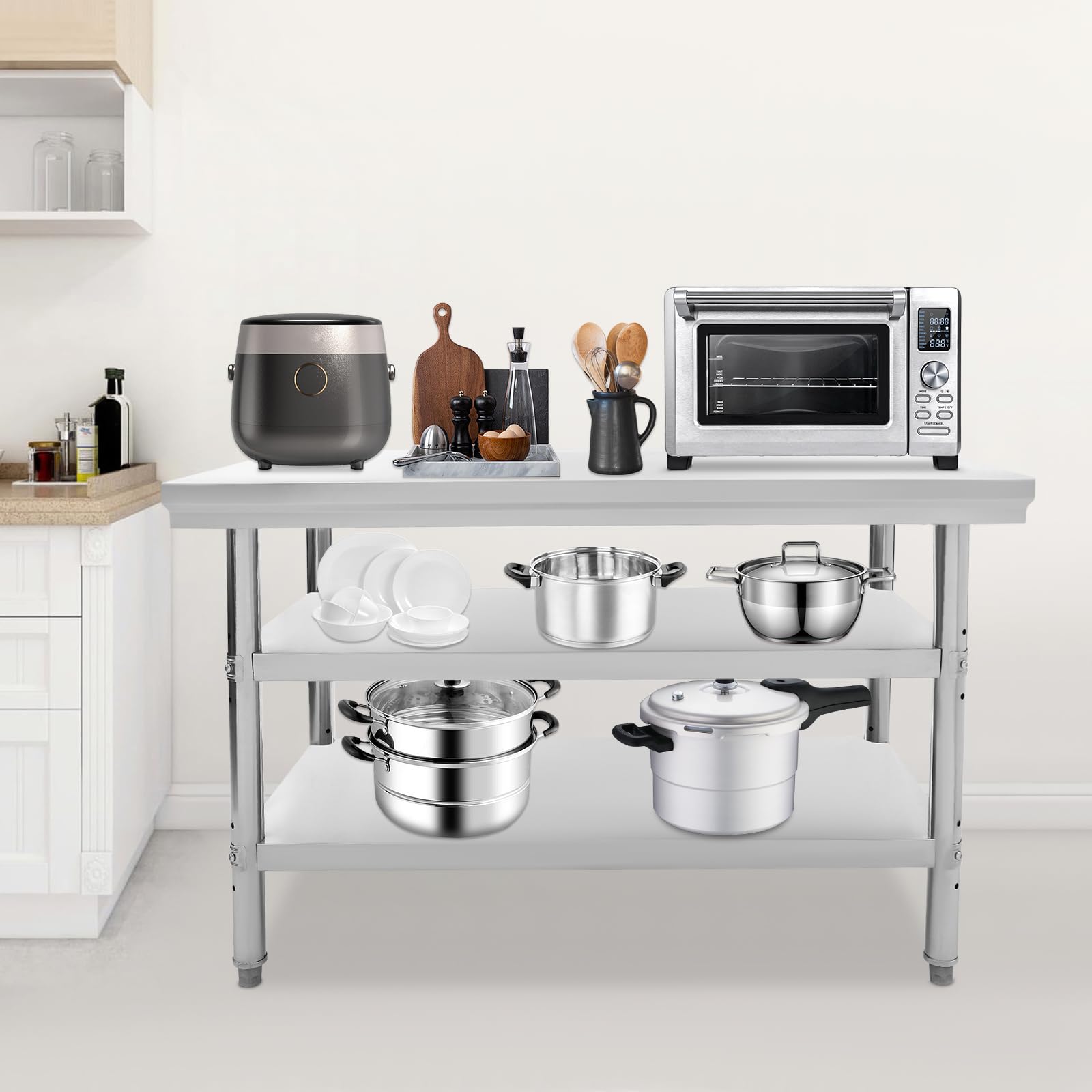 Tavolo da lavoro in acciaio inox con 3 ripiani, tavolo da lavoro in acciaio inox, fino a 100 kg, 120 x 60 x 90 cm