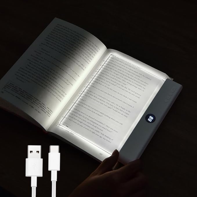 VEEKI Book Light, Rechargeable Clear LED Flat Reading Light with 3 Colors & Timer, Dimmable Panel Plate Lamp Book Full Page Light for Reading in Bed at Night, Funny Gifts for Readers Kids Women Men (White)