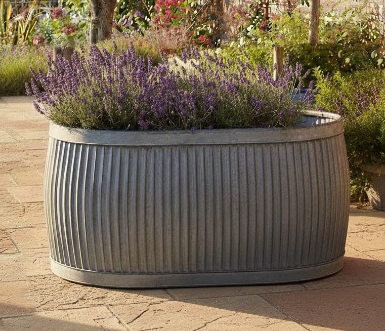 My Square Mile Vintage Galvanised Metal Oval Dolly Planter Zinc Finish Garden Trough Available in 3 Sizes Outdoor Flower Pot (Medium 51cm)