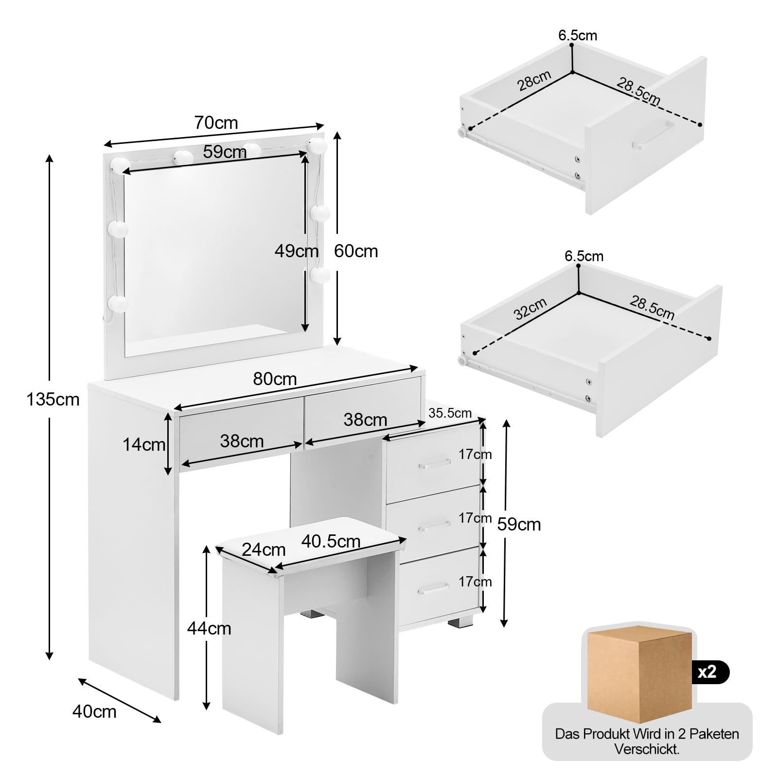 CLIPOP Schminktisch mit Spiegel und Beleuchtung,Verstellbare Helligkeit,Make-up Tisch mit 5 Schubladen und Dehnbarem Nachttisch,Modernes Frisiertisch Kosmetiktisch Hocker Set Schlafzimmermöbel