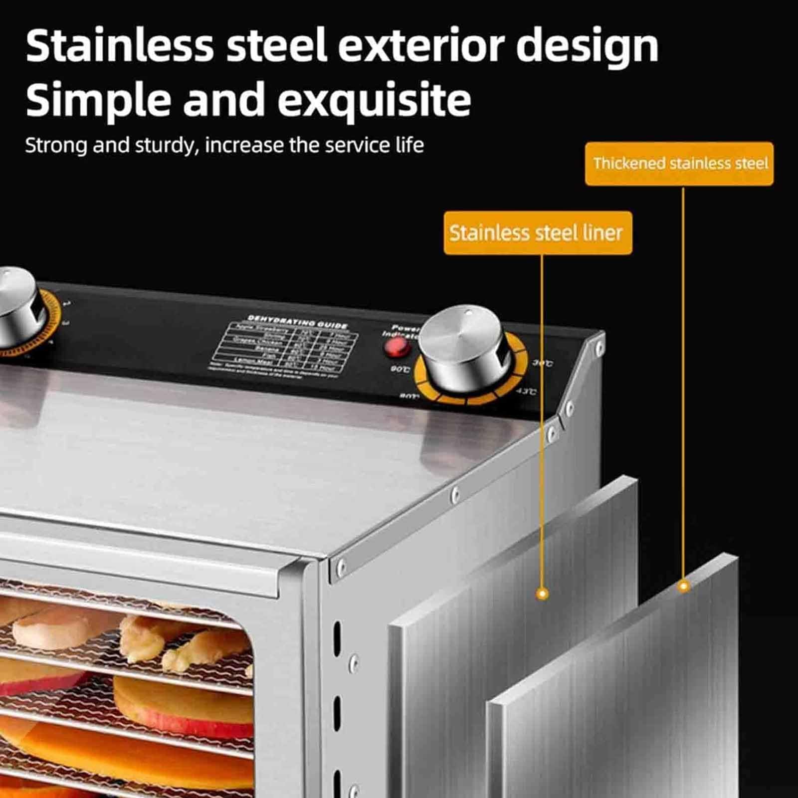 Essiccatore per alimenti a 8 strati in acciaio inossidabile, essiccatore elettrico commerciale per frutta con timer (0-12 ore) e temperatura regolabile (40-90℃), essiccatore efficiente per uso