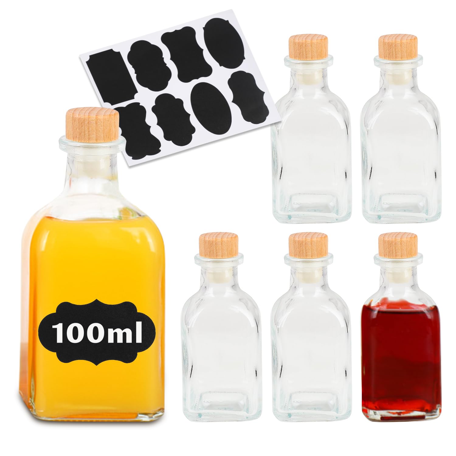 Fizdoqg 6 x Glasflaschen mit Korken Leere 100 ml Glas Flaschen zum Befüllen | mit Anhängern Flaschen zum Befüllen für DIY, Saftflasche, Party Kunst, Limonade