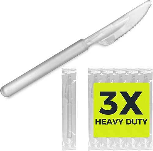 3 cuchillos de plástico transparente resistentes envueltos individualmente, resistentes como cubiertos, paquete de 100 cuchillos desechables a