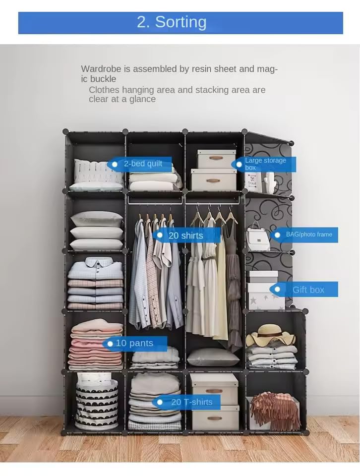 Image of Owme Collapsible Wardrobe for Clothes - DIY 12 Door Plastic Almirah for Clothes with Doors | Side Hanger, Foldable Wardrobe for Storage for Home | Storage Organizer for Clothes - Black