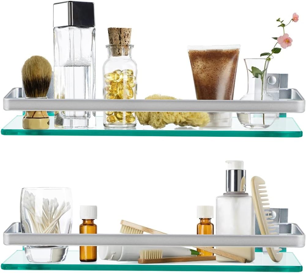 Tempered Glass Bathroom Shelf with Rail, 15" x 4.5" Rectangular Shower Caddy, Wall Mount Floating Shampoo Holder for Lavatory, Kitchen, Living Room