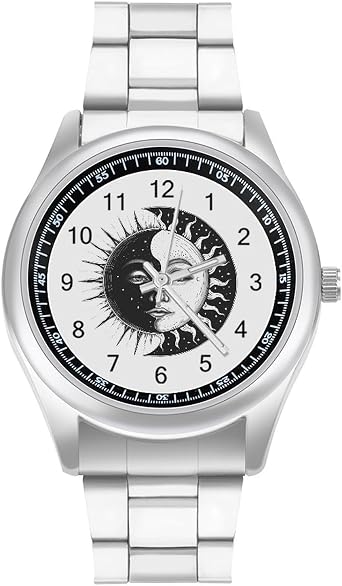 Moon and Sun Quartz Watch Stainless Steel Wrist Watches for Men Women Easy to Read