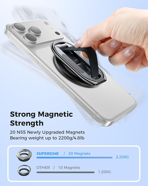 SUPERONE Two-Sided Magnet MagSafe Phone Grip & Stand with Nylon Finger Loop | Foldable Magnetic Phone Ring Holder for Gym, Removable MagSafe Kickstand for iPhone 17/16/15/14/13 Series and MagSafe Cases