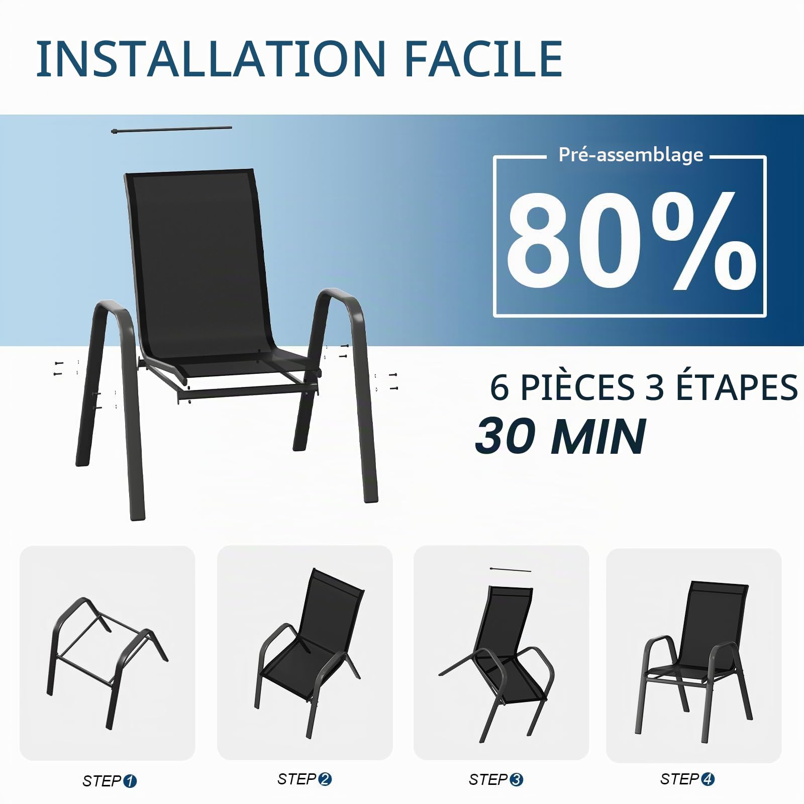 Lot de 4 chaises de Jardin empilable,Fauteuil de Jardin Exterieur en Textilène,Carde Métal,Dossier Haut,Anti-rouille,jusqu'à 150Kg,Chauffeuse pour Balcon,Terrasse,Piscine,Bar(93x74x54cm,Noir)