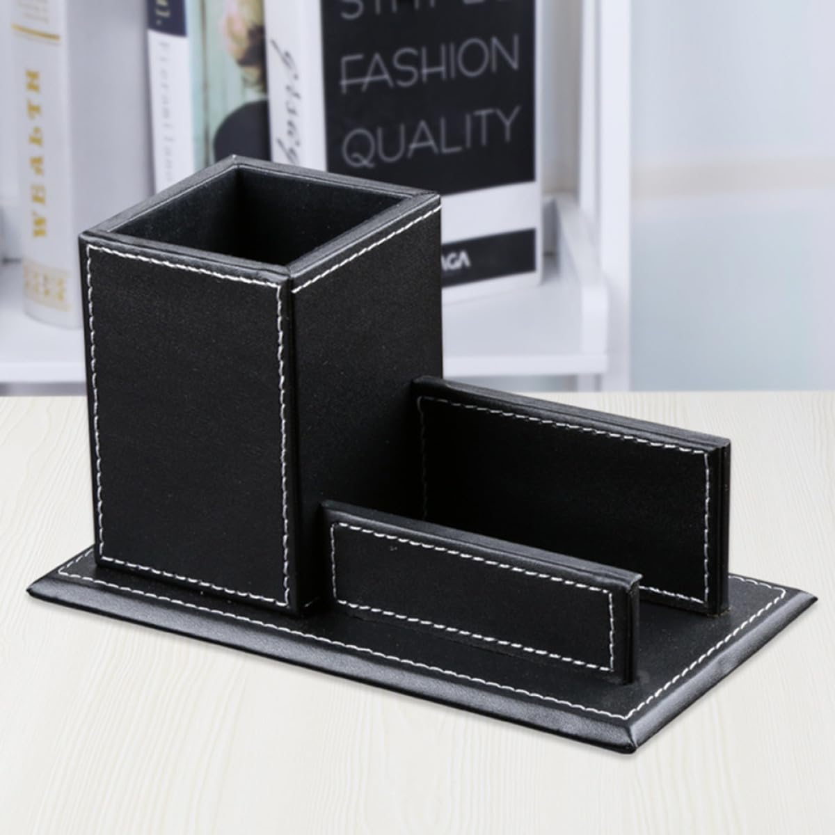 Portalápices de Cuero Sintético Negro Multifuncional Organizador de Escritorio y Soporte para Tarjetas de Negocios Expositor Compacto para Oficina y Materiales de Papelería