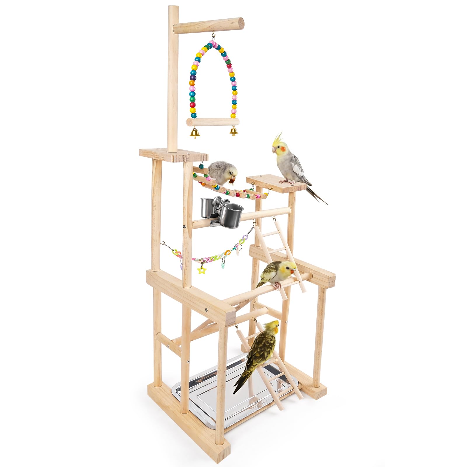 Bird Playground 4 Layer, Parrot Perch Stand Bird Play Stand for Parakeet Conure Cockatiel Lovebird Budgie, Parrot Playground with Feeder Cups, Ladder, Chain Toy, Swing and Detachable Tray