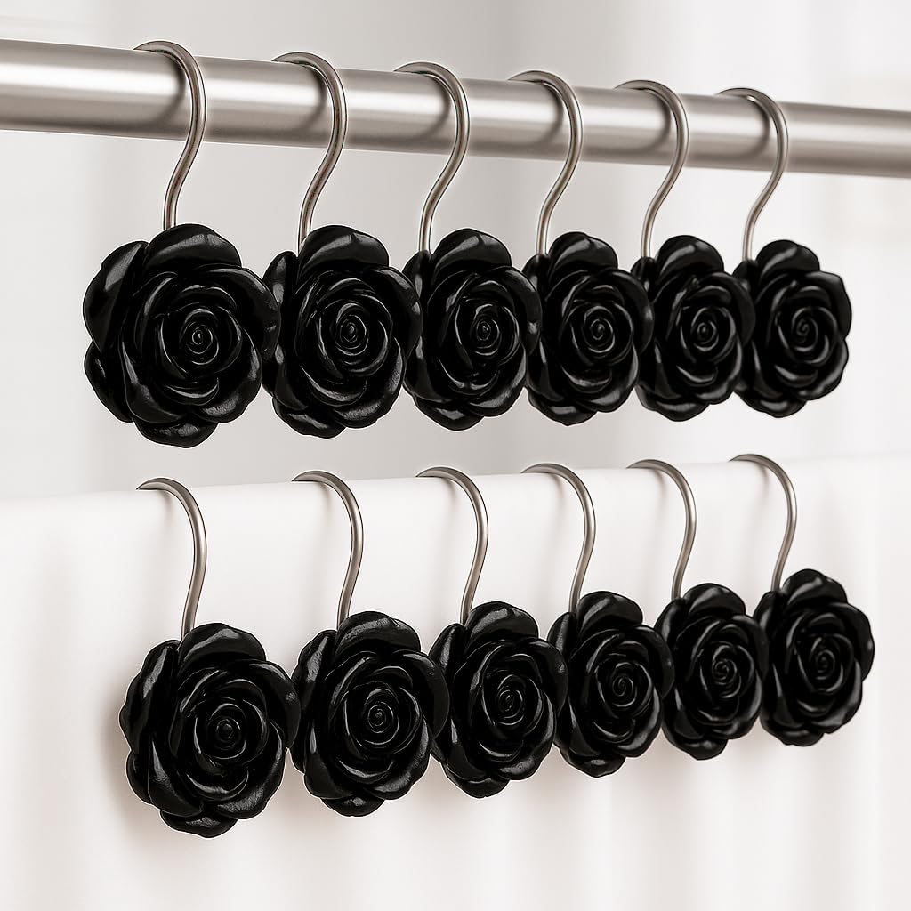 Elegant Black Rose Resin Shower Curtain Hooks - Set of 12 Floral Curtain Rings for Bathroom Decor, Suitable for Rose Themed Bathroom Hooks