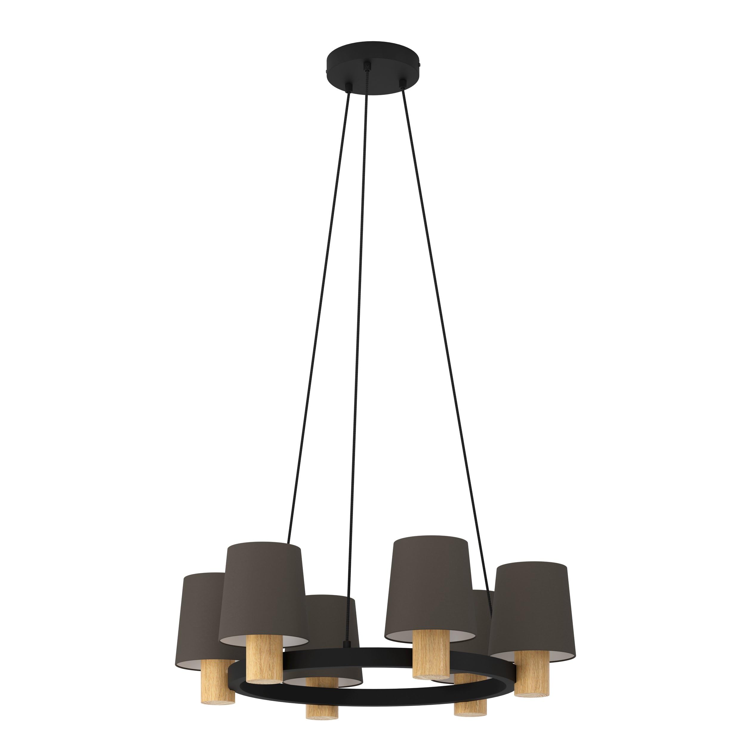 Eglo Chandelier Edale, 6 lamp Pendant Lighting, Round Ceiling Light Fitting, Hanging lamp for Dining and Living Room, FSC100HB, Wood in Oak Finish and Cappuccino Coloured Fabric, E27 Socket โ image 1