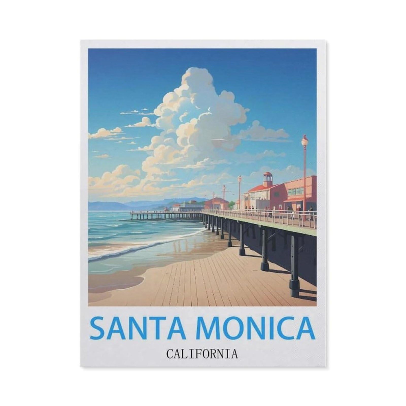 Beayodkp （50 X 60 Cm/19.68 X 23.62 Inches） Santa Monica California Vintage Travel Poster，5D Diy Diamond Painting Full Round Drill Diamond Embroidery Cross Stitch Rhinestone Mosaic Paintings Art-Cd50