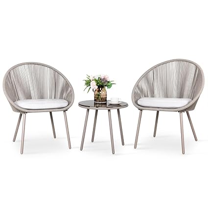 WildMonk Wicker Patio Furniture Sets for Garden Balcony Outdoor Coffee Chair Table Set 2+1 | Cushion | Powder Coated | UV Protected | Conversation Set | Poolside Lawn Chairs (Beige)