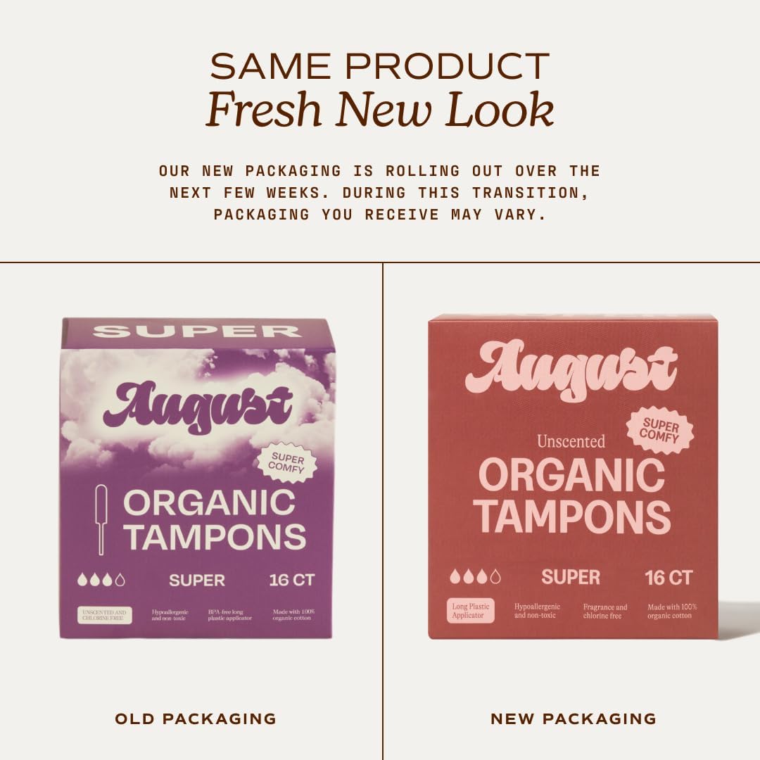 August Organic Cotton Tampons, 96 Super Tampons Made with Organic Cotton, Long Applicators, Non-Toxic, Fragrance-Free, Chlorine-Free, and Hypoallergenic (6 Boxes of 16/12 Boxes of 8)