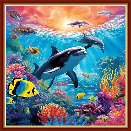 Image of Findvoor Stamped Cross Stitch Kits for Beginners Full Range of Cross Stitching Embroidery Pattern for Adults, 11CT DIY Needlepoint Embroidery Starter Kits-Underwater World 17.7x17.7 inch
