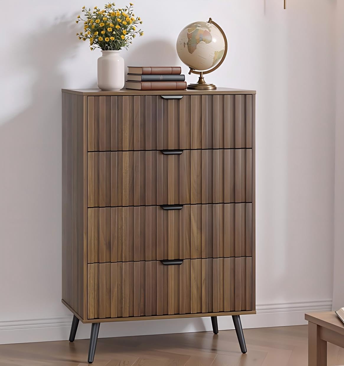 Smart FENDEE 4 Drawer Dresser for Bedroom, Tall Fluted Dresser with Metal Feet, Wooden Storage Organizer Cabinet Chest of Drawer for Closet, Living Room, Hallway,Walnut
