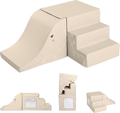 LORAIA&reg; Non-toxic foam climbing blocks for toddlers - 13\'\' vegan leather baby climbing blocks - High-end soft play set w/TOP fasteners & baby slide - Climbing toys for toddlers 1-3 inside (Warm Beige)
