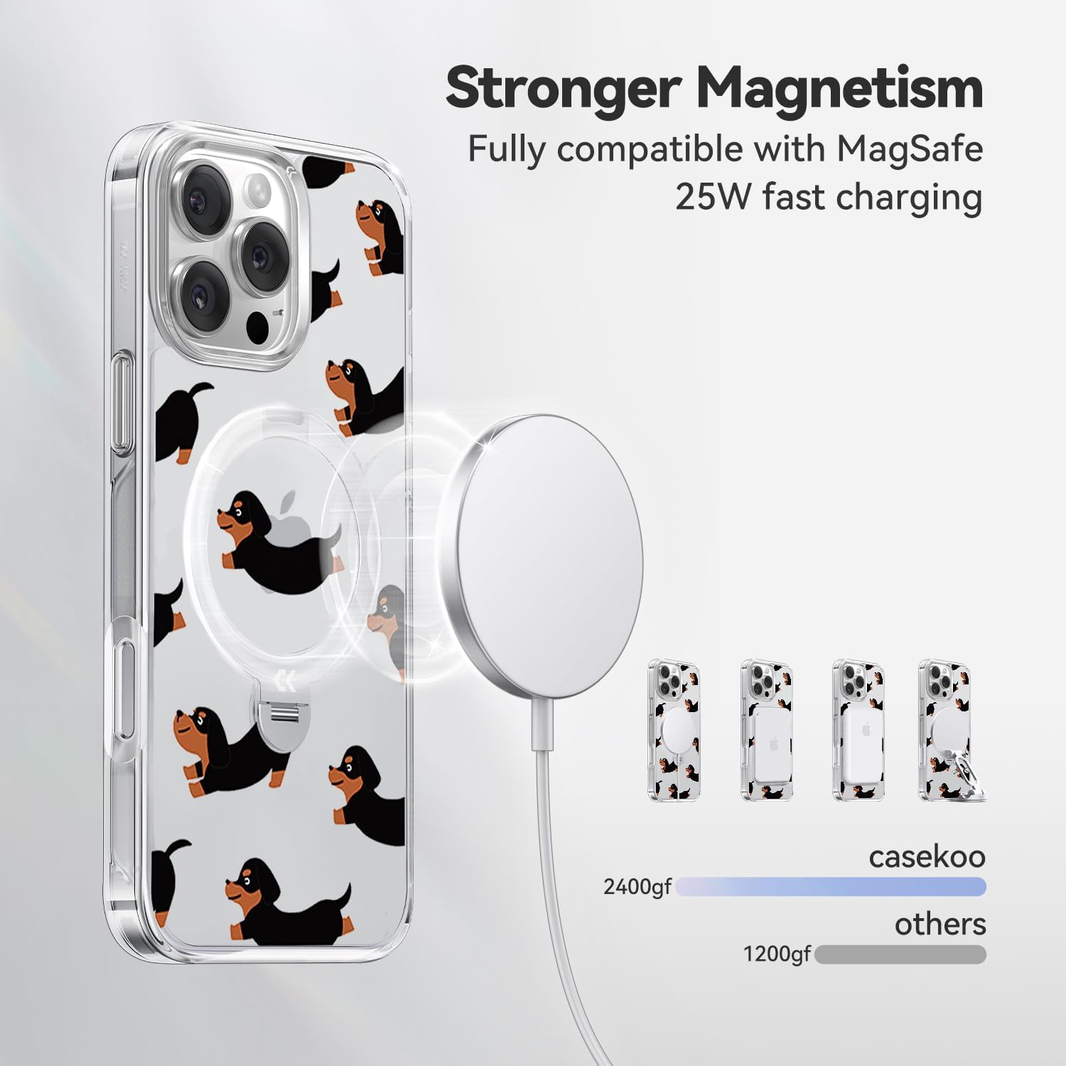 CASEKOO New Aesthetic Design 360° Spin Magnetic Stand for iPhone 16 Pro Case with Ring [16FT Military Drop Protection] [Non-Slip Edge] [Compatible with MagSafe] Slim 16 Pro Case, Dachshund