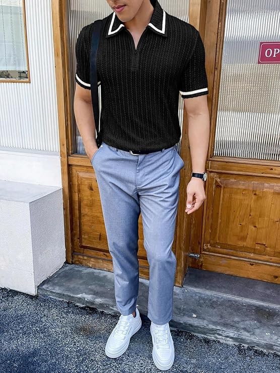Image of GRECIILOOKS Polo T Shirt for Men | Textured Polo T Shirts for Men | Smart Casual Half Sleeve Mens T-Shirt, Breathable Cotton Knit Collar T Shirts