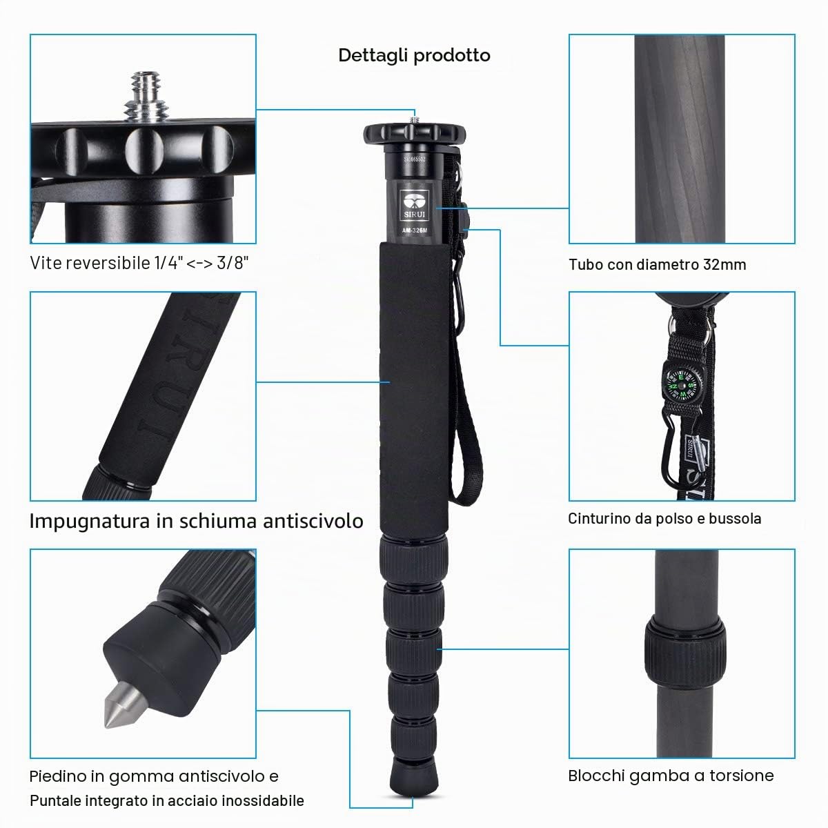 SIRUI AM-326M 156cm Monopiede Fotografico Professionale a 6-Sezioni, Portatile Monopod in Carbonio per Fotocamera Reflex, Monopiede da Viaggio Leggero, Carico Massimo 10KG