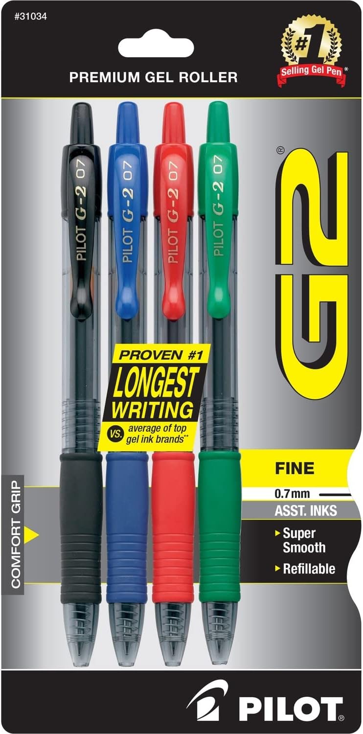 G2 Premium Refillable and Retractable Rolling Ball Gel Pens, Fine Point, Black/Blue/Red/Green Inks, 4-Pack (31034)