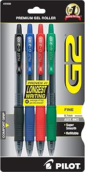 PILOT G2 Premium Refillable and Retractable Rolling Ball Gel Pens, Fine Point, Black/Blue/Red/Green Inks, 4-Pack (31034)