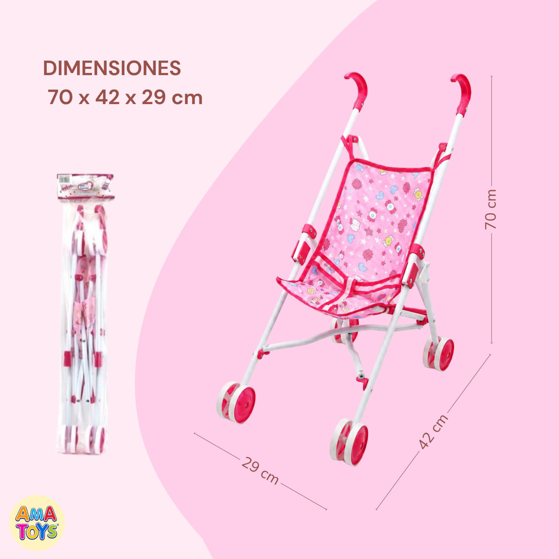 Sillita de Paseo para Muñecas - AMATOYS - Carrito Juguete Plegable - Pack 2 en 1 con Bebé Muñeco - Juego de Imitación y Paseo para Niñas y Niños (Carrito Pink_Bebe Color)