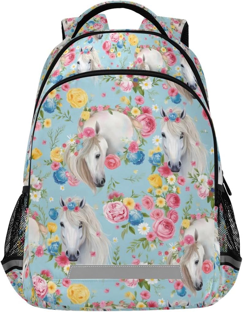 Horse Flowers Backpacks For Kids Fairytale Student Backpack Bookbag For Boys Girls Casual Bag
