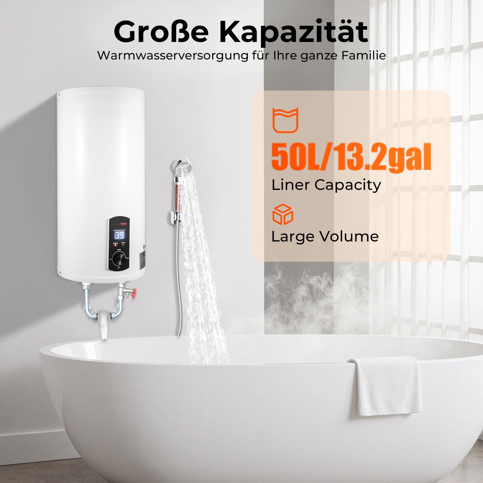 Chauffe-eau électrique 80 l, 2 kW 220 V IPX4 vertical LED chauffe-eau de stockage chauffe-eau eau eau froide et chaude chauffe-eau électrique ABS mural pour cuisines, toilettes