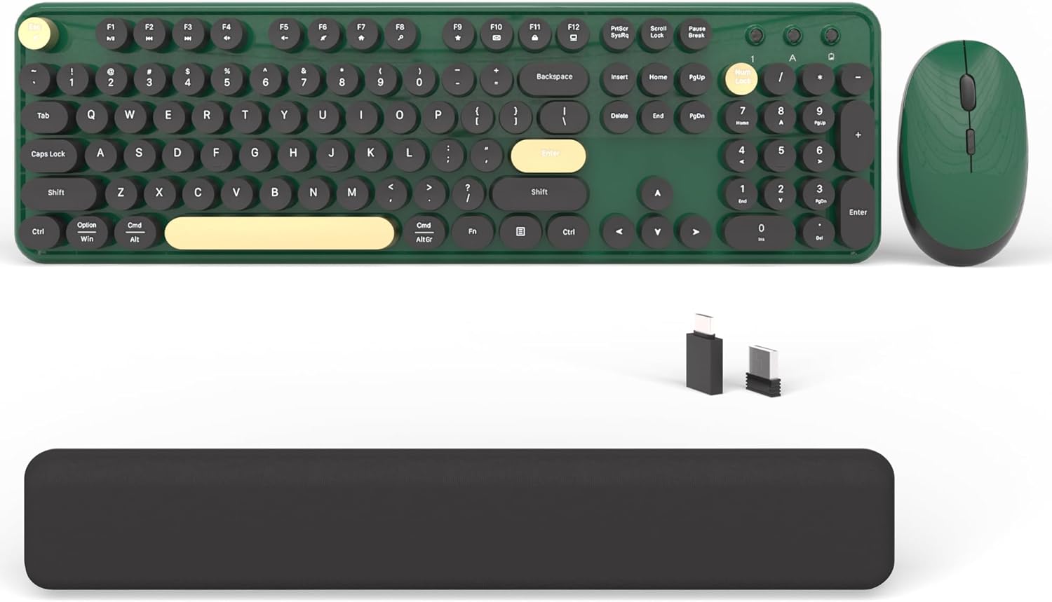 Colorful Wireless Computer Keyboards Mouse Combos, Cute Retro Typewriter Keyboard with Round Keycaps, 2.4 GHz 104 Keys Full-Sized USB/Type C Receiver Keyboard and Optical Mouse?Dark Green?