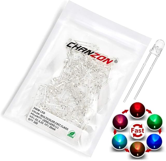 CHANZON 100 pcs 3mm RGB Multicolor Fast Flashing (Multi Color Changing) Dynamics LED Diode Lights (Blinking Round DC) Bright Lighting Bulb Lamps Electronics Components Filcker Light Emitting Diodes