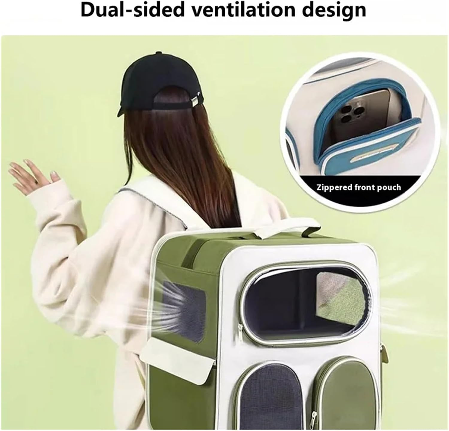 Extra Large Pet Carrier Double Layer Space Cat Carrier with Removable Telescopic Trolley for Multiple Cats Portable Travel Crate(Green)