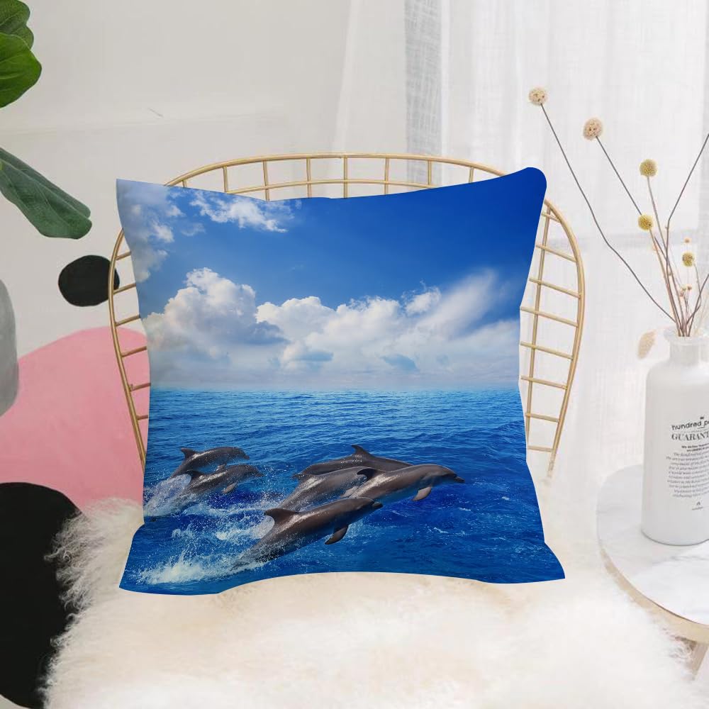 HYOSXW Cushion Cover,Throw Pillow Case Home Decorative for Living Room Bedroom Sofa Chair 16X16 Inch,Marine life photograph - dolphins jumping in blue sea white clouds in sky,Pillowcase 40X40cm