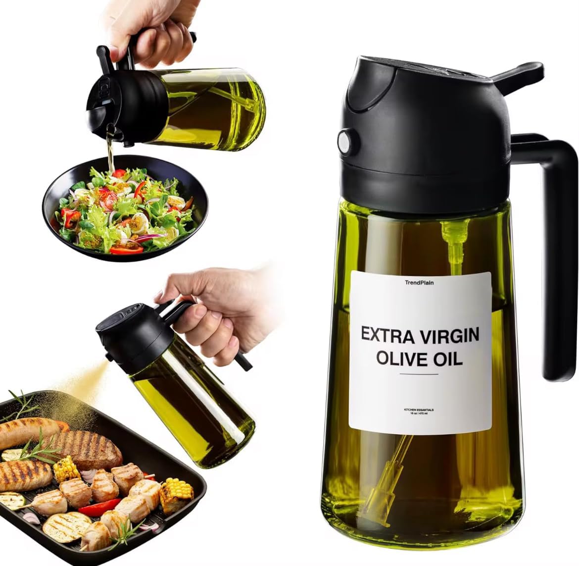 Glass Oil Sprayer Bottle with Fine Mist Dispenser, 7.21 inch, Borosilicate Glass, Color top Black with Green Glass to Protect the Nutricional Properties of the Oil.