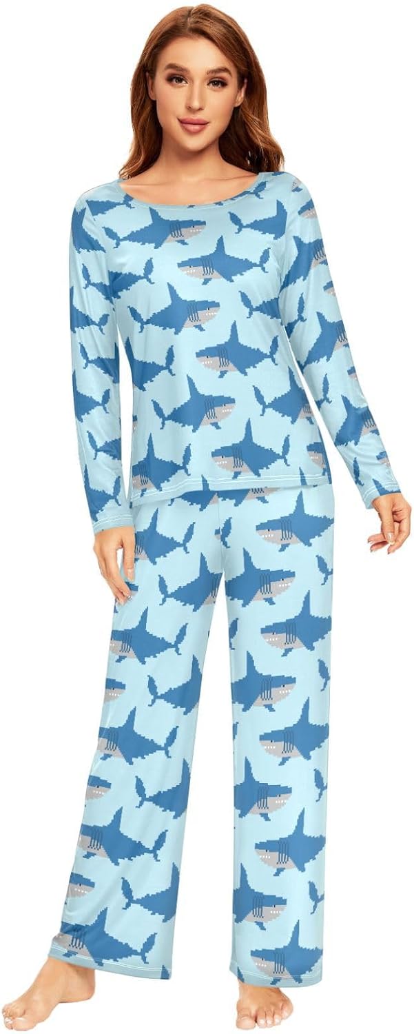 Shark Pajamas Set for Women's Long Sleeve Sleepwear with Long Pants Soft Comfy Pj Lounge Sets