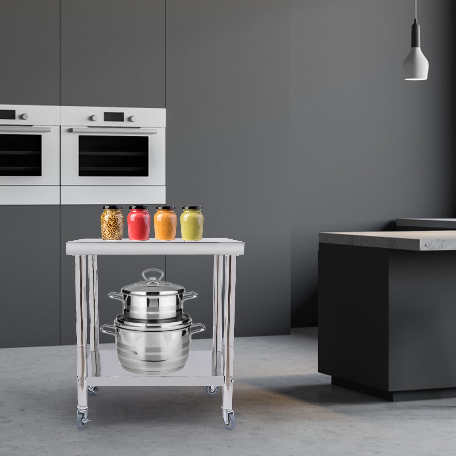 Mesa de trabajo de catering de acero inoxidable para preparación de alimentos, mesa comercial para cocina, bar, restaurante, plata, 76 x 60 x 85 cm