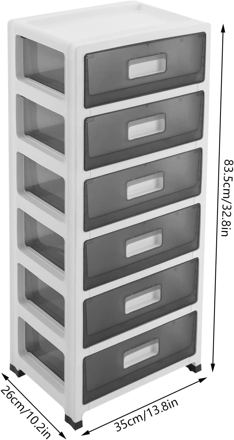 Dimensions of the OUKANING 6-Drawer Desktop Organizer: 35cm (13.8in) width, 26cm (10.2in) depth, 83.5cm (32.8in) height.