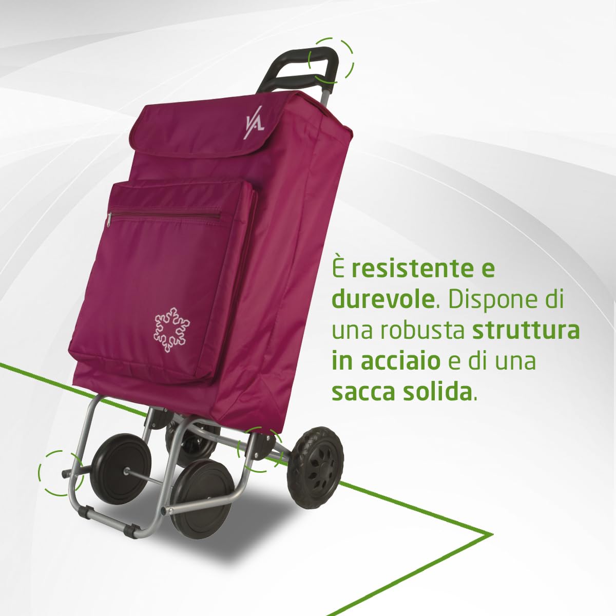 Amig - Carrello spesa - Carrello spesa 4 ruote - Pratico e capiente con tasca esterna - 22 x 40 x 106 cm - Tessuto/Metallo - Rosso