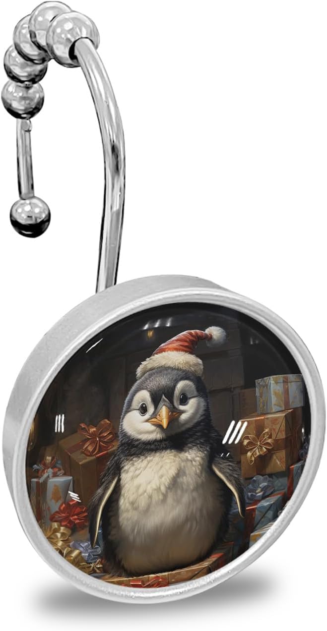 Christmas 12PCS Shower Curtain Hooks Rings, Xmas Animal Penguin with Gift Decorative Shower Curtain Hooks for Bathroom Stainless Steel Rustproof Shower Curtain Rings