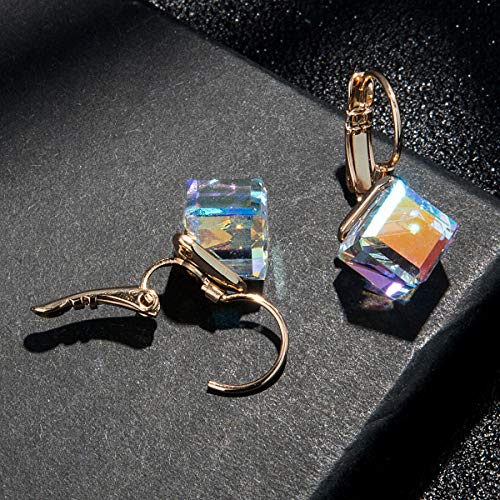 Cube Austrian Crystal Drop Leverback Earrings For Women Fashion 14K Rose Gold Plated Hypoallergenic Jewelry (Aurora Boreali) #TOP4