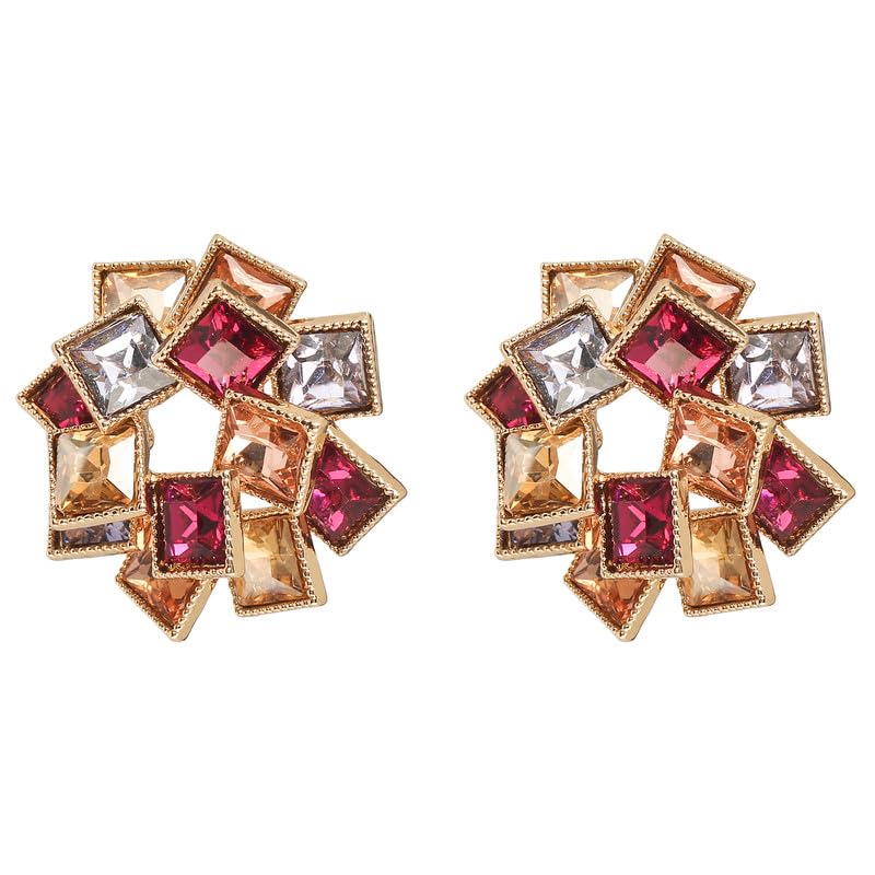 minji and co. Multi-Color Stone Earrings for Women in Gold Color, 4 CM x 3.5 CM Size, Stud Style, Casual Fashion Jewelry (Brass Base)-picture-24