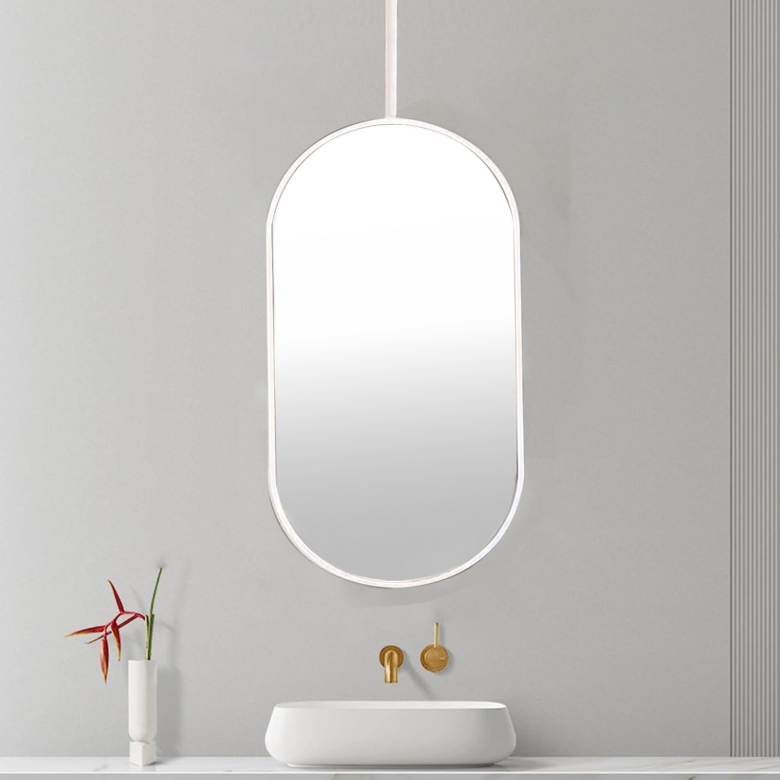 SXFSDOU Modern Nordic Bathroom Mirror with White Black Metal Frame Ceiling Mounted Suspended for Vanity Make up Shaving 40cmx60cm