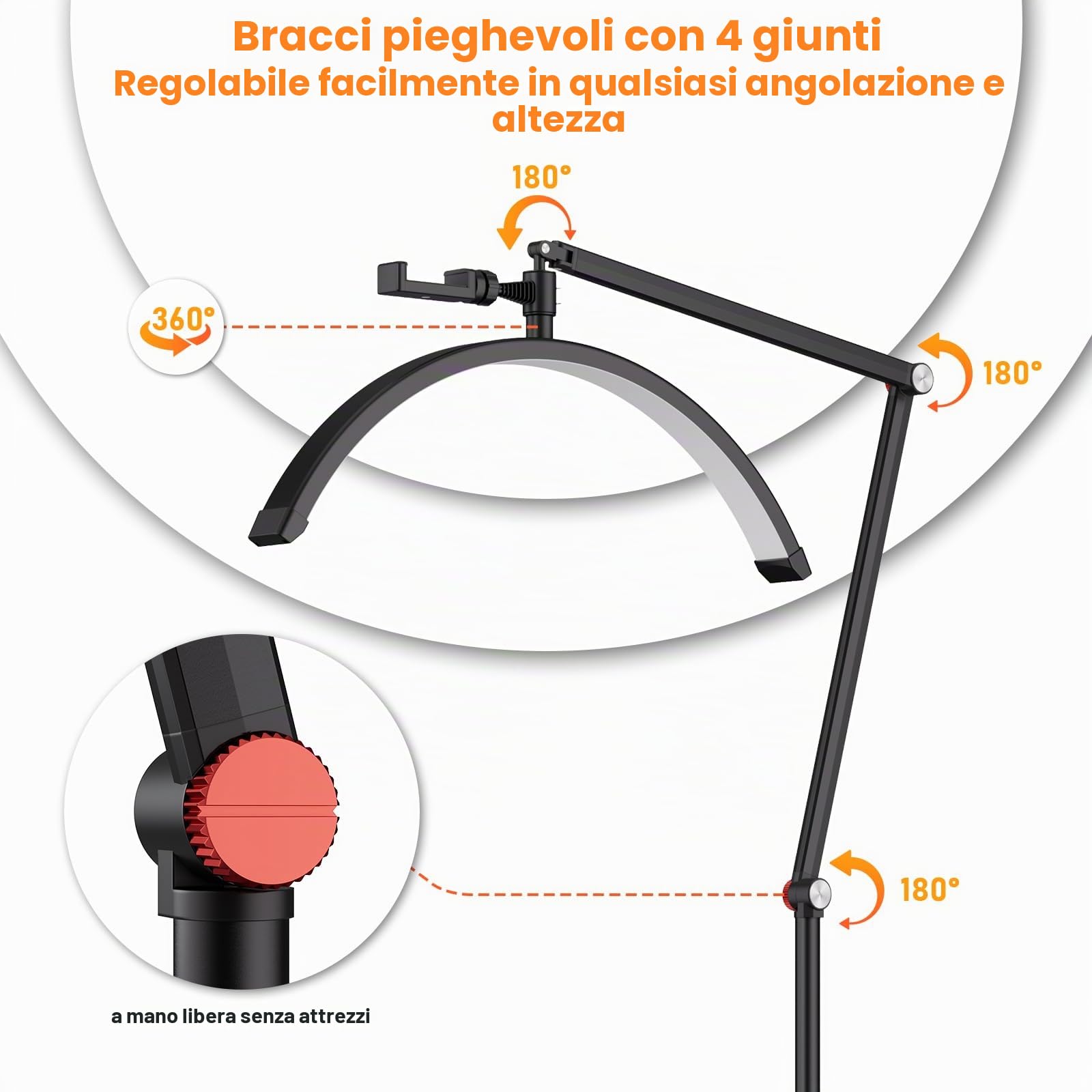 Andoer Lampada per ciglia a mezzaluna, 3200-5600 K, dimmabile, pavimento con supporto luminoso e telefonico, telecomando per trucco, estensioni ciglia, fotografia