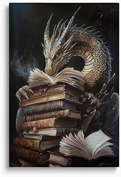 Fantasy Dragon Reading Wall Art, Mythical Dragon Book Art Print for Library Decor, Creative Book Lover Wall Decor Poster, Dark Gothic Print for Boys Men Room Decoration, Framed Canvas, 12"x16"
