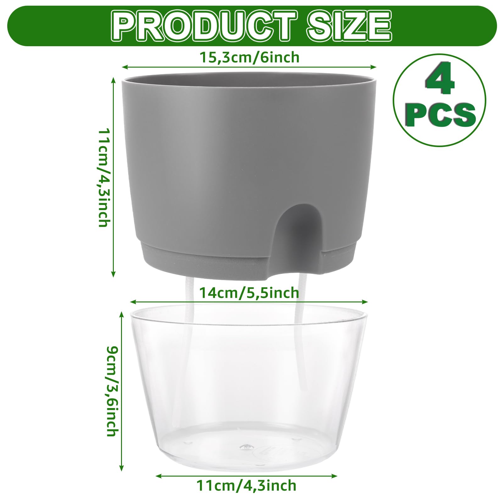 4er Set Blumentopf Selbstbewässerung 15 Cm – Inkl. Baumwolldocht, Wasserstandsanzeige – Weiß, Skandinavisches Design, Für Kräuter & Sukkulenten