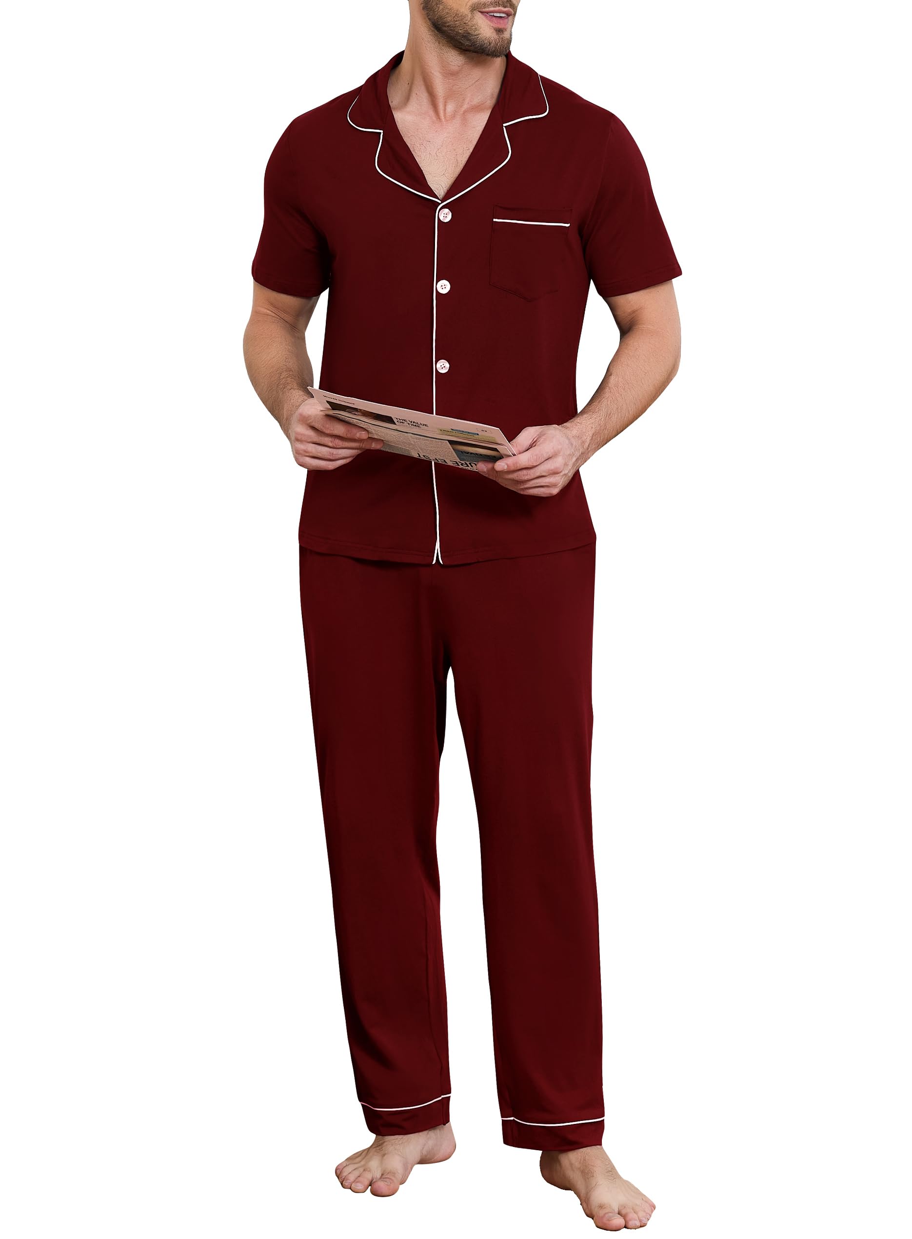 Lovasy Schlafanzug Herren Lang Baumwolle Pyjama Set mit Knöpfen Kurzarm Schlafanzüge für Herren Zweiteiliger Loungewear Hausanzug mit Taschen