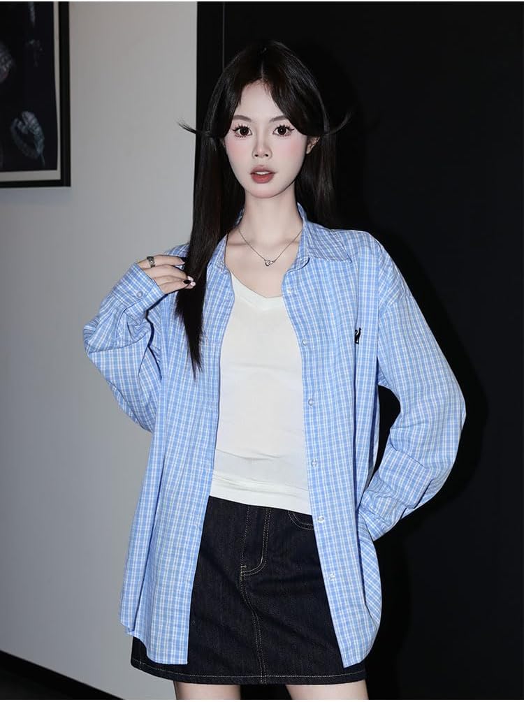 Women's Blue08 Plaid Shirt Summer Long Sleeve Layering Shirts for Women