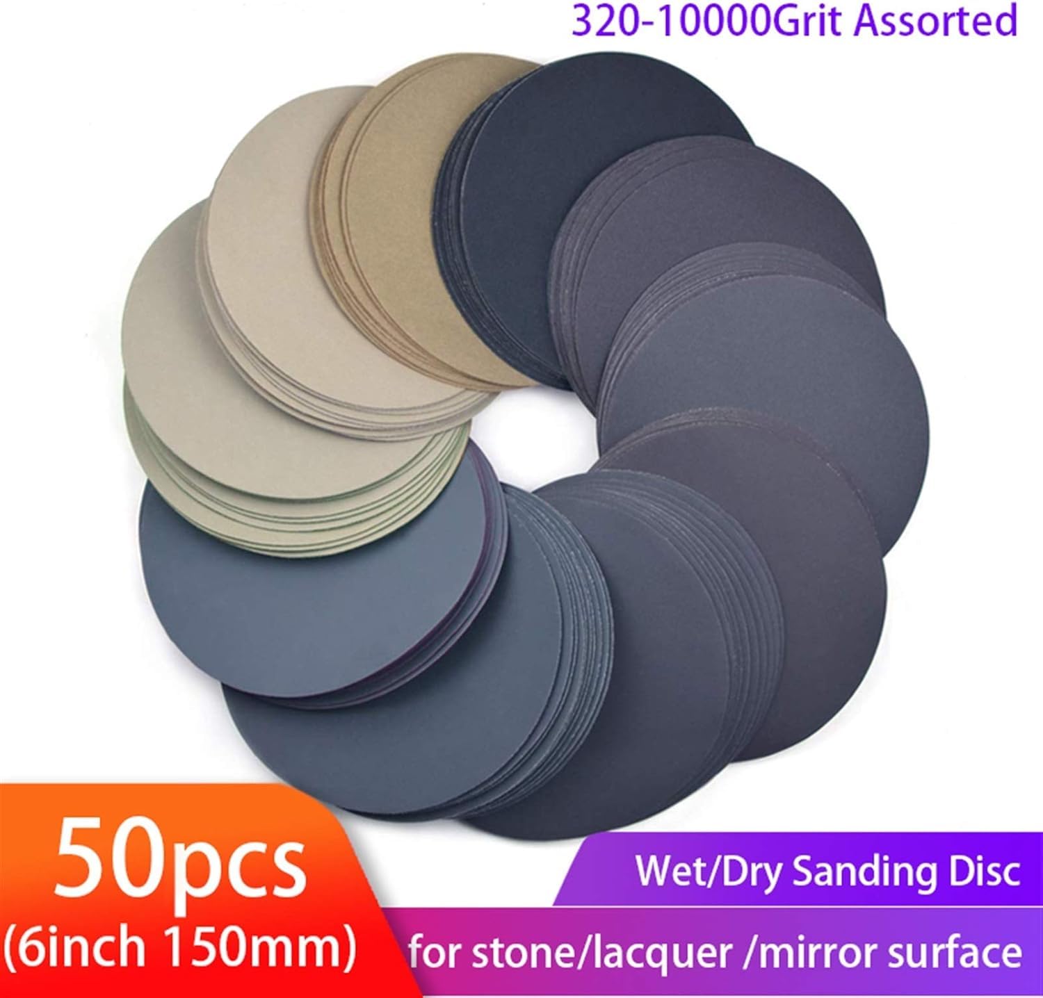 Discos de lija de 150 mm, 50 unidades de almohadillas de papel de lija abrasivo impermeables para pulido en húmedo/seco, con gancho y bucle, grano surtido 320 10000