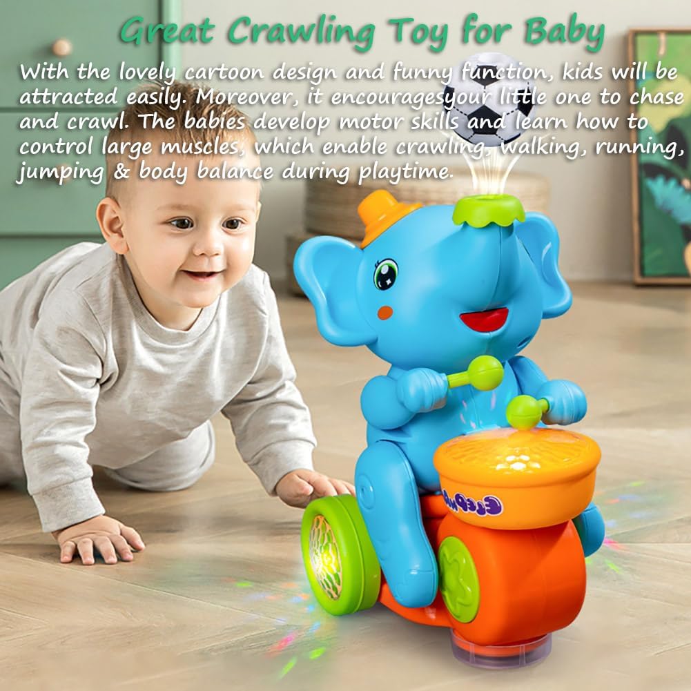 Miracland Drumming Elephant Car, Multifunctional Musical Blow Floating Ball, Tricycle with Universal Wheel, Lights and Music, 2 Foam Balls (Yellow)